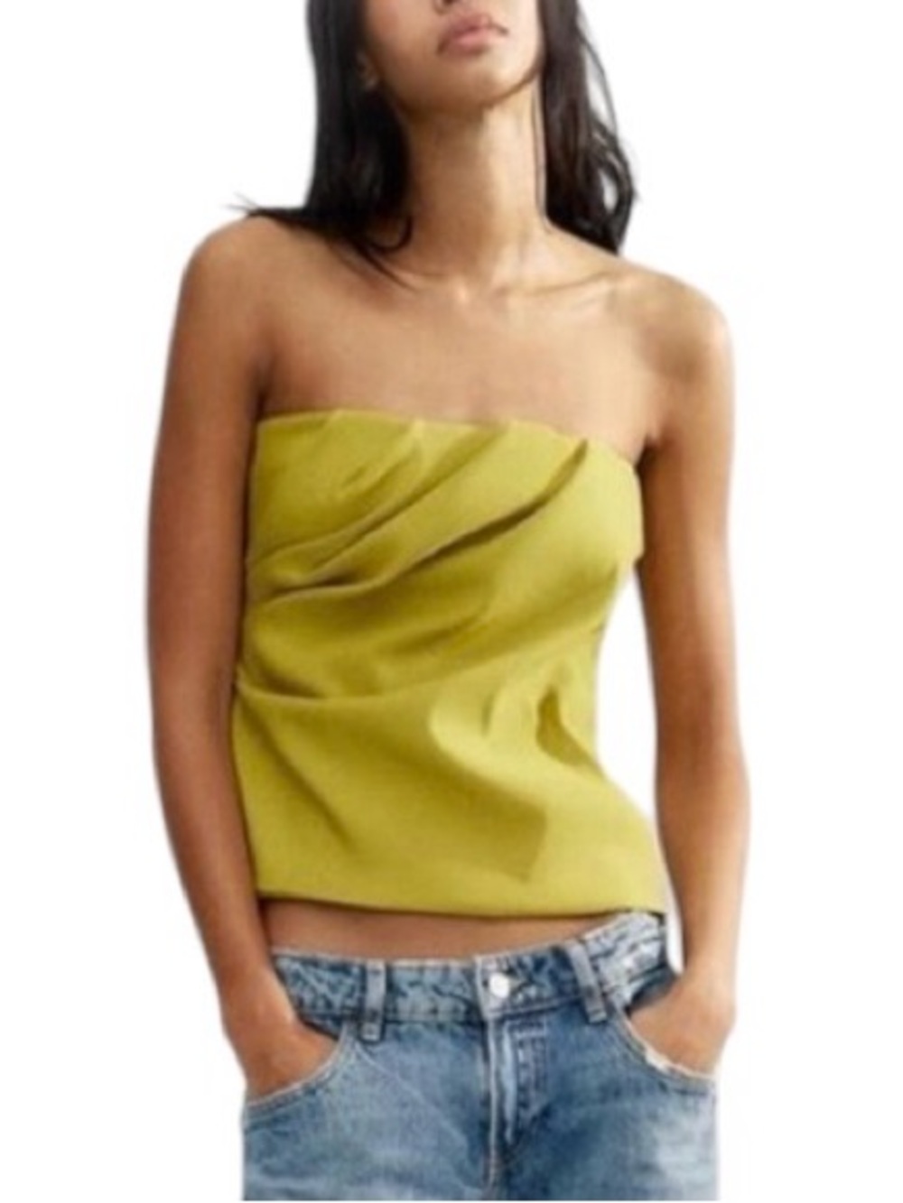 Zara Stretch Bandeau Strapless Top Mustard Green Side Zipper  NWT Size M